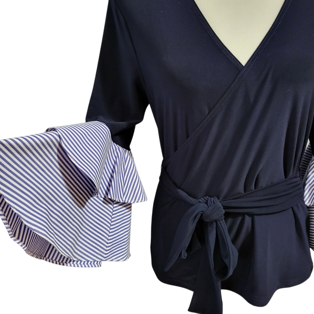 Joseph Ribkoff Faux Wrap Top 10 Navy Blue Bell Striped Sleeves Nautical Coastal
